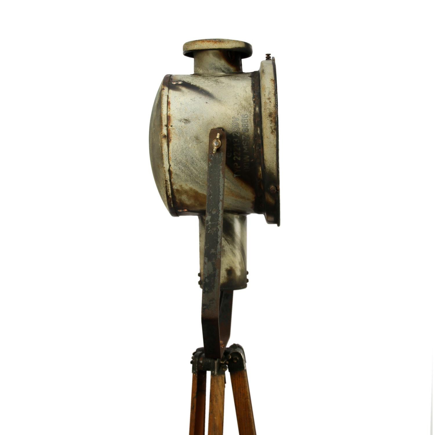 Czech Raw Enamel Tripod Wooden Legs Vintage Industrial Spot Light