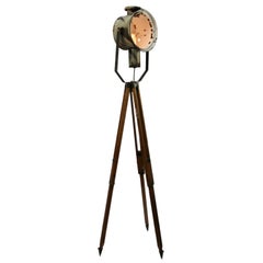 Raw Enamel Tripod Wooden Legs Vintage Industrial Spot Light