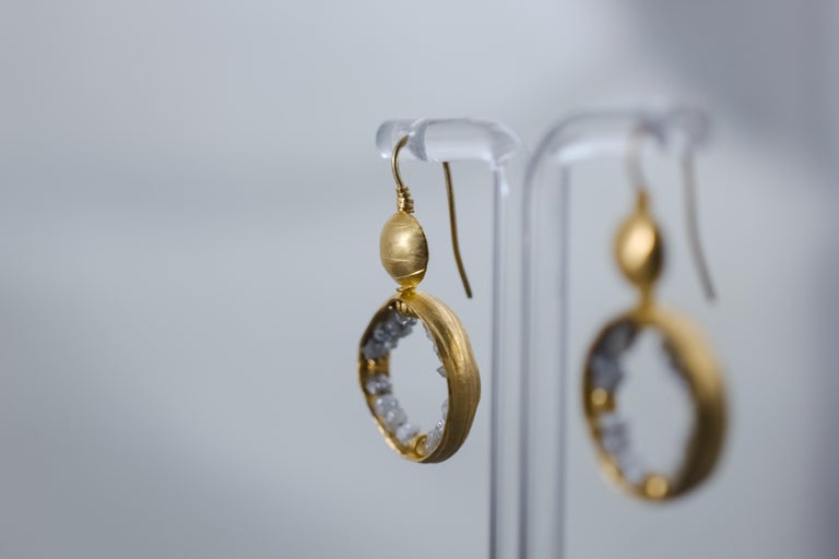 Raw Gray Diamonds 22K-21K Gold Dangle Hoop Earrings  For Sale 2