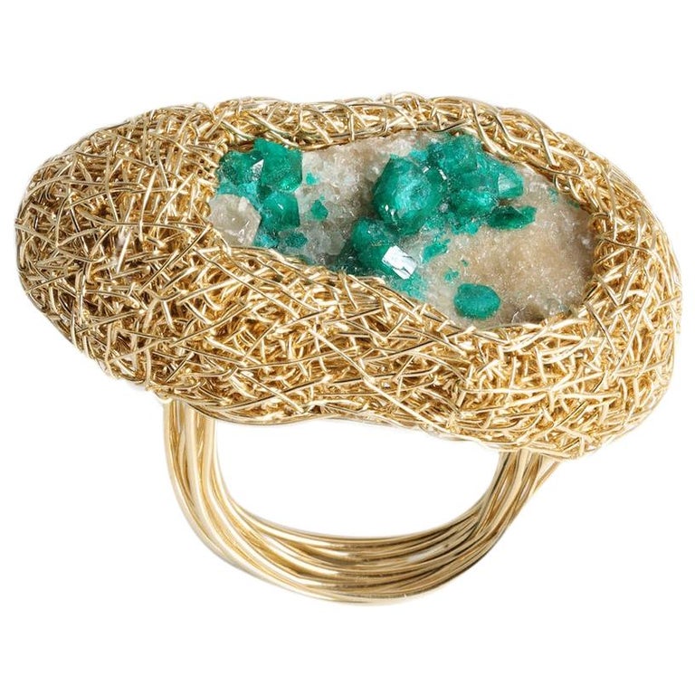Green Dioptase on Matrix hand formed gold Cocktail Statement Ring by the artist For Sale at 1stDibs