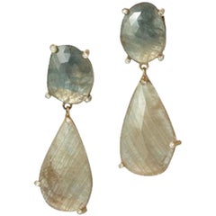 Raw Green Sapphire and Diamond Drop Earrings