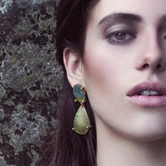 Raw Green Sapphire and Diamond Drop Earrings