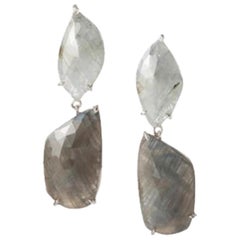 Raw Grey Sapphire and Diamond Drop Earrings