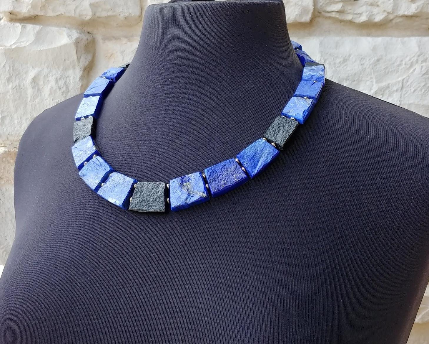Raw Lapis Lazuli and Black Tourmaline Nugget Beads Necklace In New Condition For Sale In Chesterland, OH