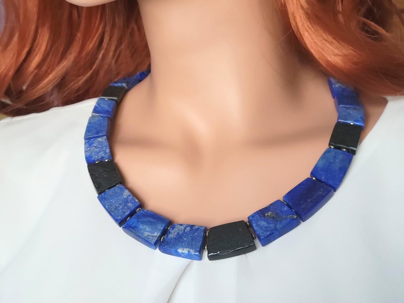 Raw Lapis Lazuli and Black Tourmaline Nugget Beads Necklace For Sale 1