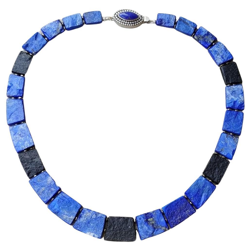 Raw Lapis Lazuli and Black Tourmaline Nugget Beads Necklace For Sale