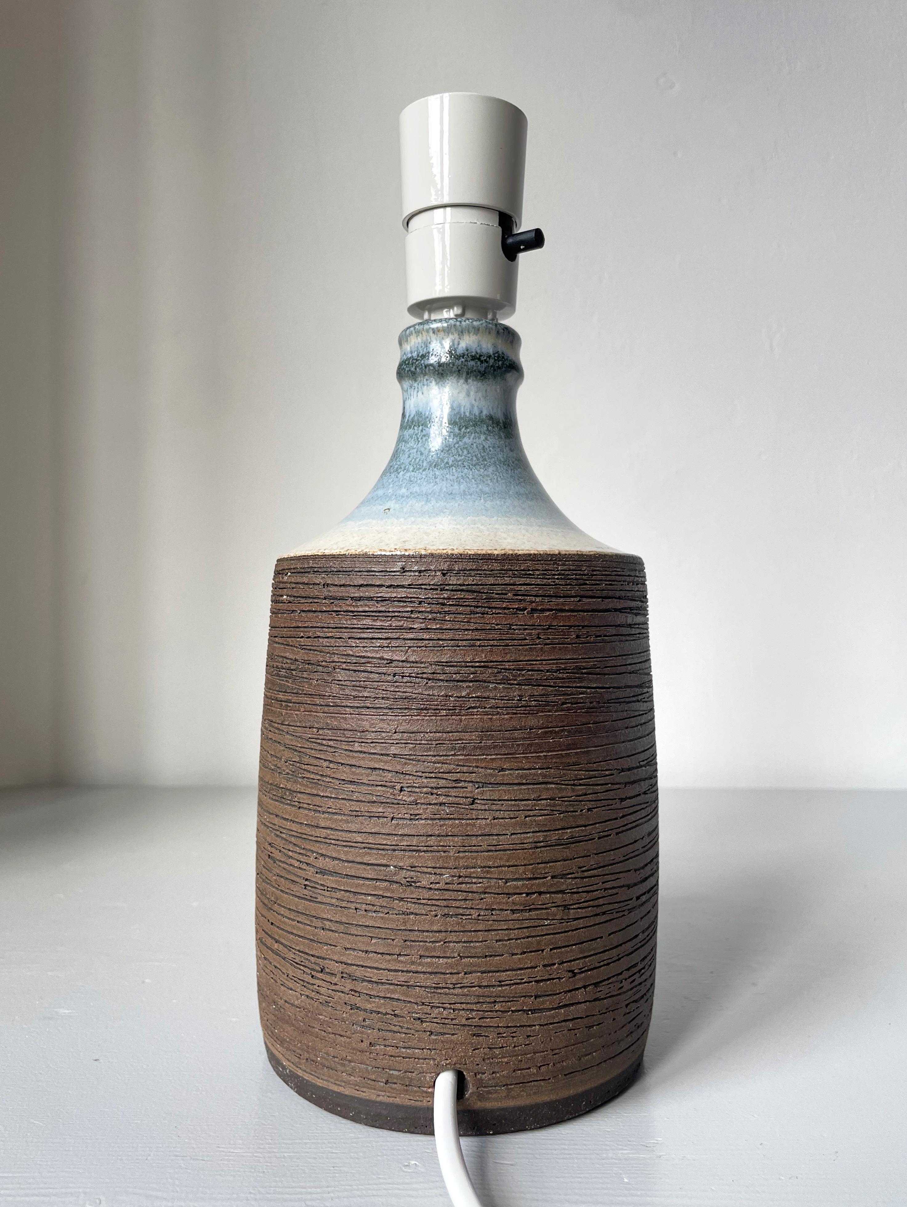 Unglazed Raw Lined and Blue Glazed Table Lamp, 1970s For Sale