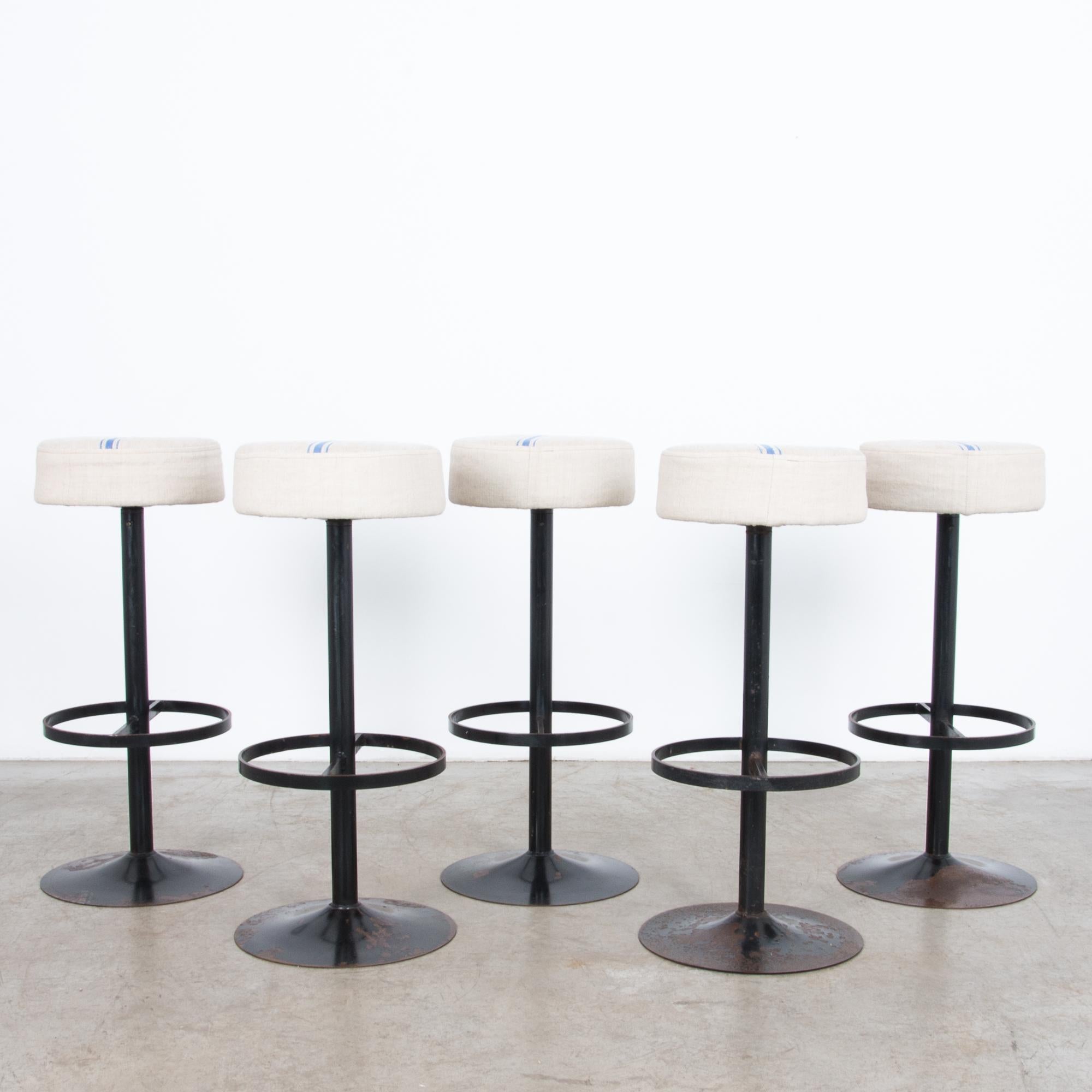 Industrial Raw Linen Upholstered Bar Stools, Set of Five