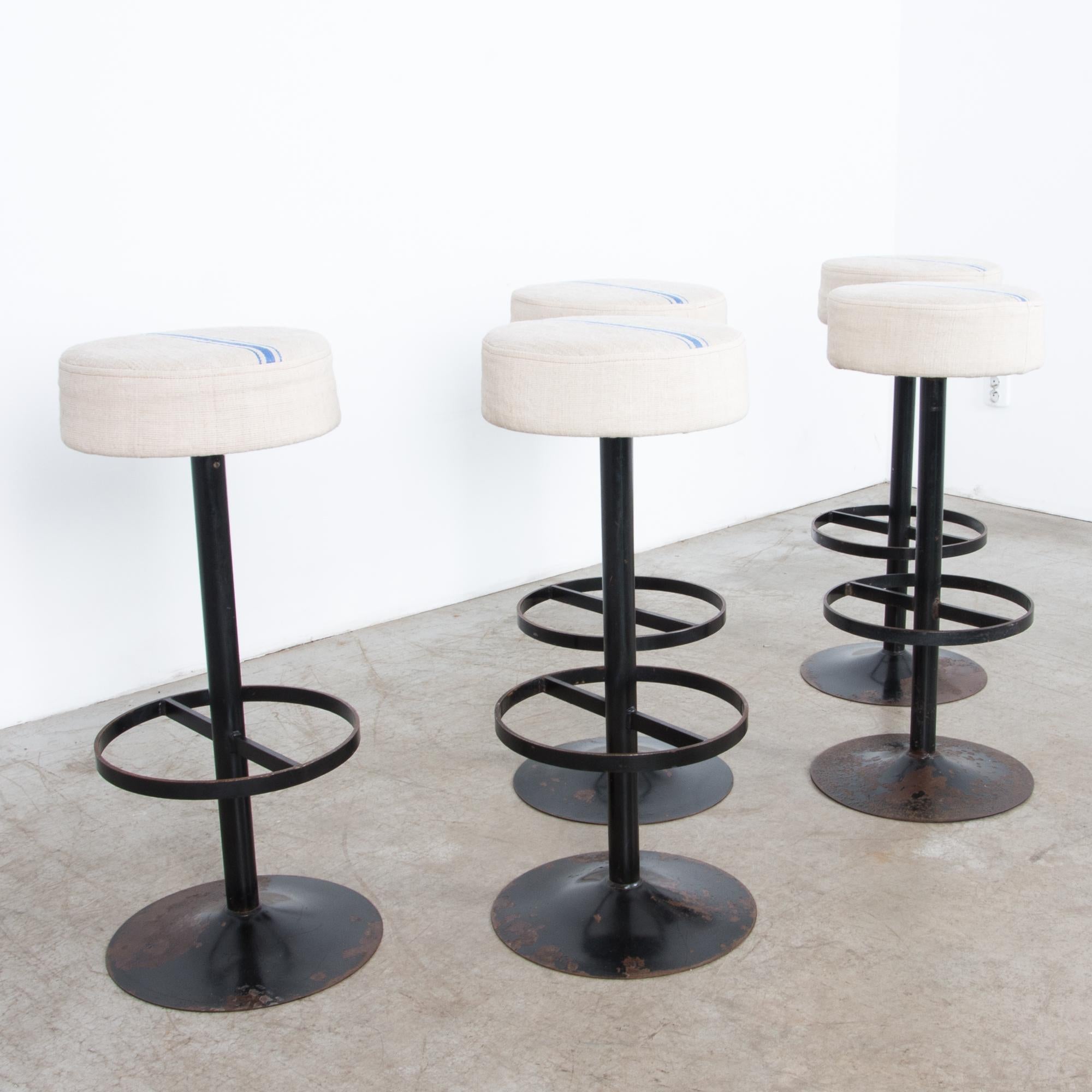 Belgian Raw Linen Upholstered Bar Stools, Set of Five
