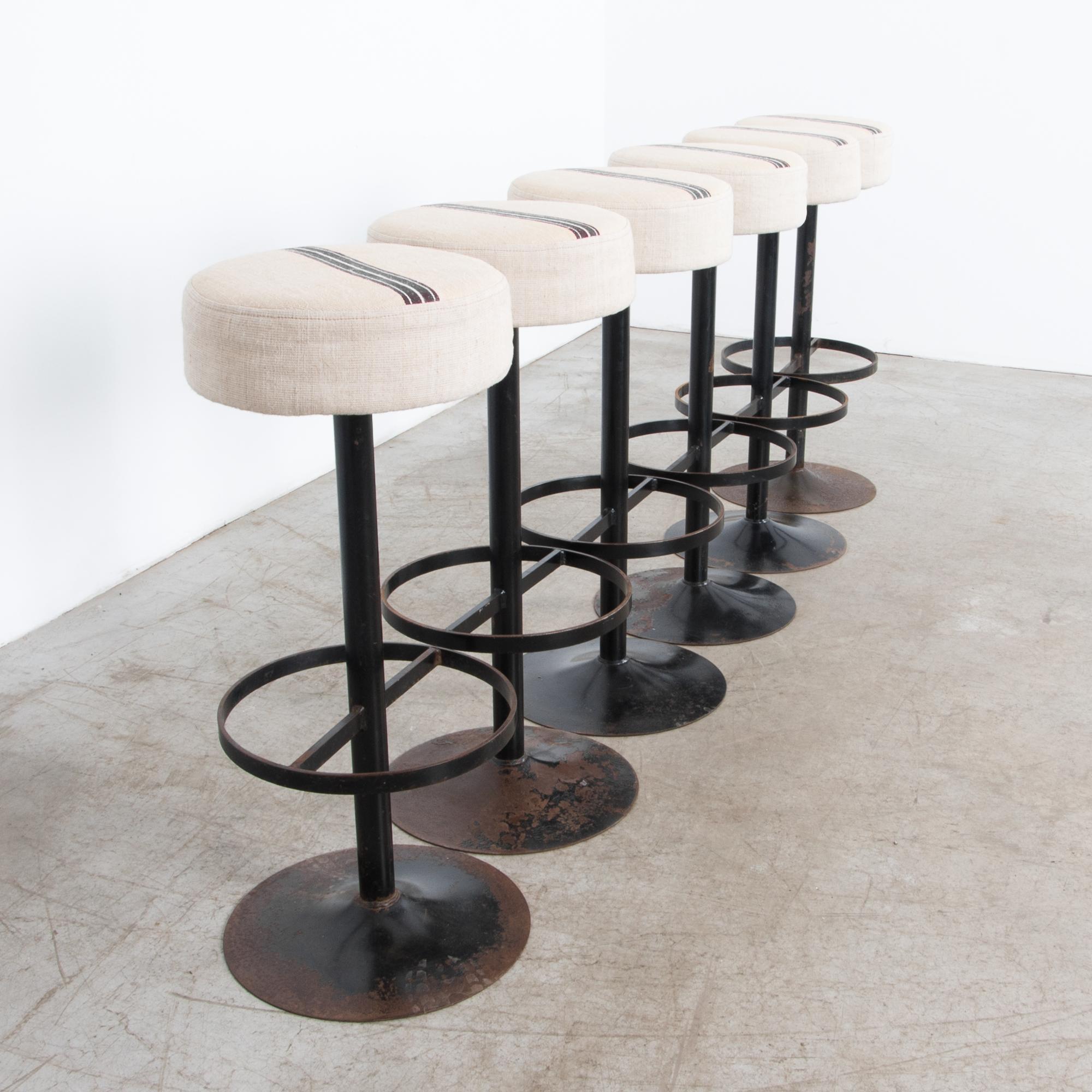 Industrial Raw Linen Upholstered Bar Stools, Set of Six