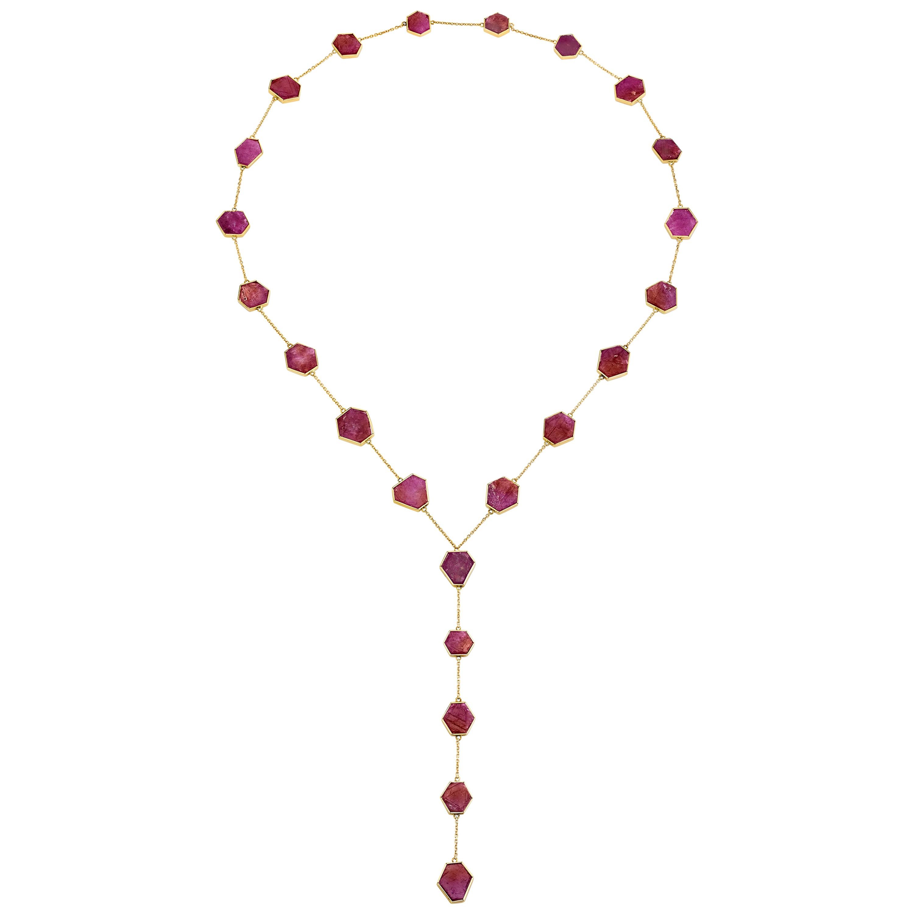 Natural Raw Ruby Lariat Chain Necklace in 18k Rose Gold For Sale