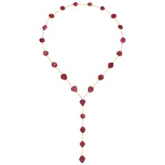 Raw Natural Multiple Ruby Bezel Set Lariat Chain Necklace 18 Karat Rose Gold