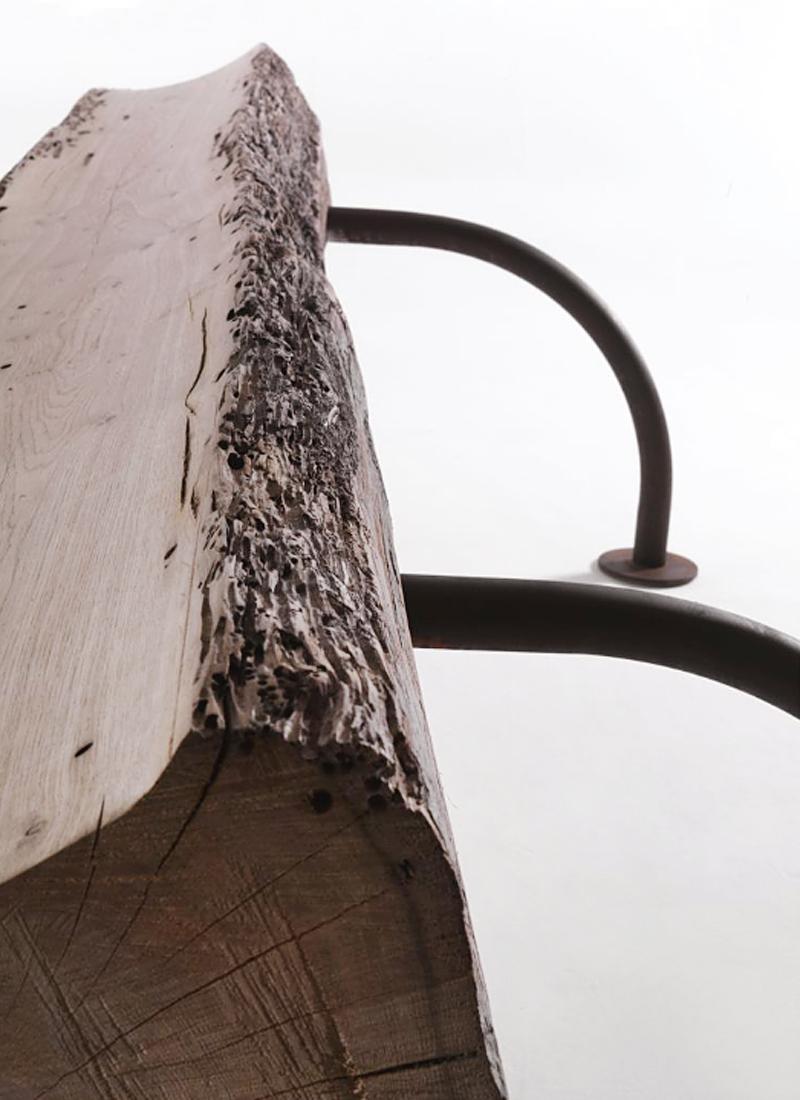 Hand-Crafted Raw Oak Bench with Bark