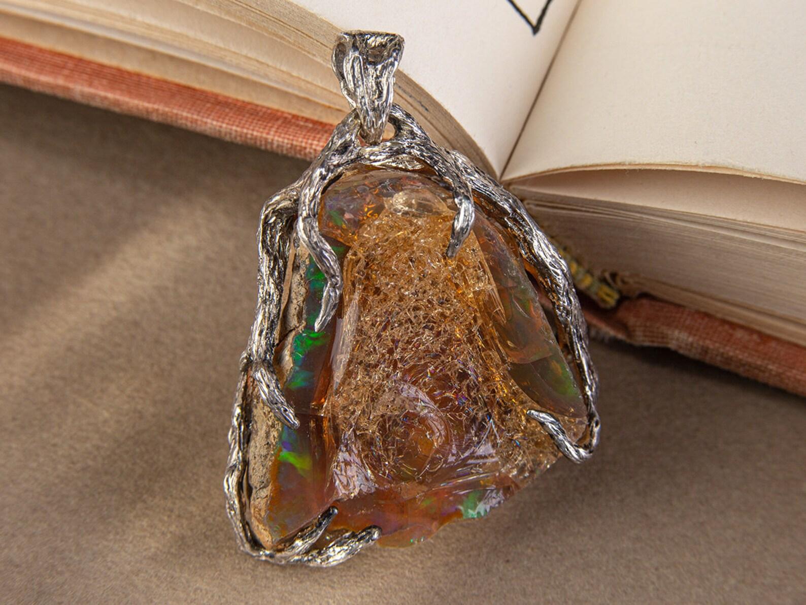 Trillion Cut Raw Opal Silver Pendant Natural Rainbow Ethiopian Crystal Brown Multicolor Gem For Sale