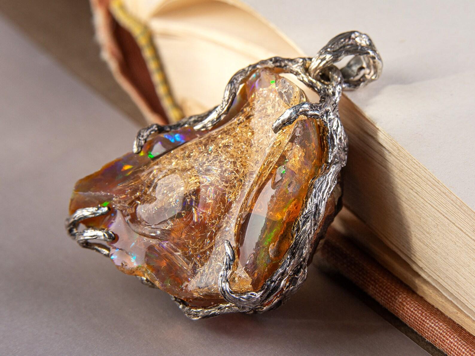 Raw Opal Silver Pendant Natural Rainbow Ethiopian Crystal Brown Multicolor Gem For Sale 1