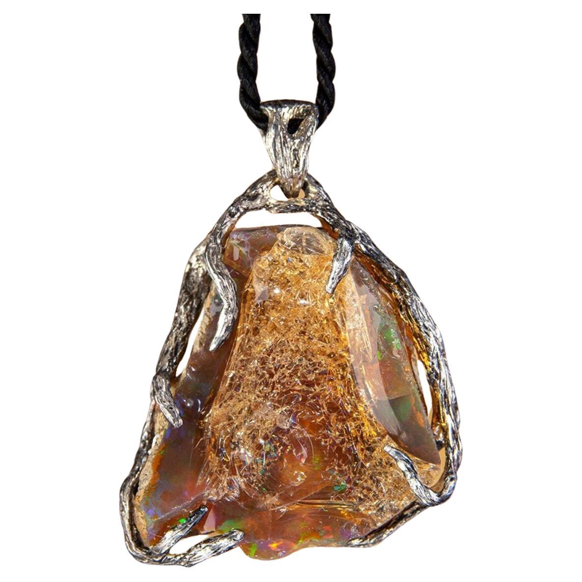 Raw Opal Silver Pendant Natural Rainbow Ethiopian Crystal Brown Multicolor Gem