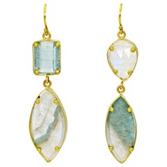 Boucles d'oreilles pendantes en or 22 carats avec tourmaline Paraiba, aigue-marine et pierre de lune