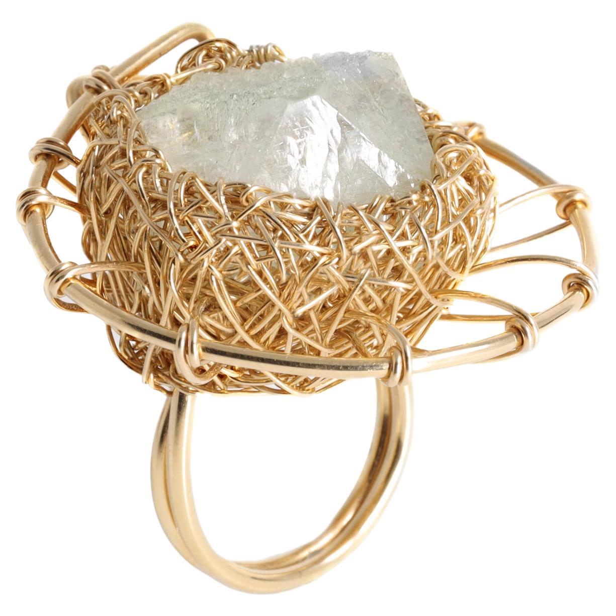 Light Lilac Raw Fluorite in 14 Kt Yellow Gold Woven Statement Ring by