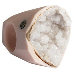 Raw Quartz Geode Beige Sculptural Statement Ring in Ceramic Band