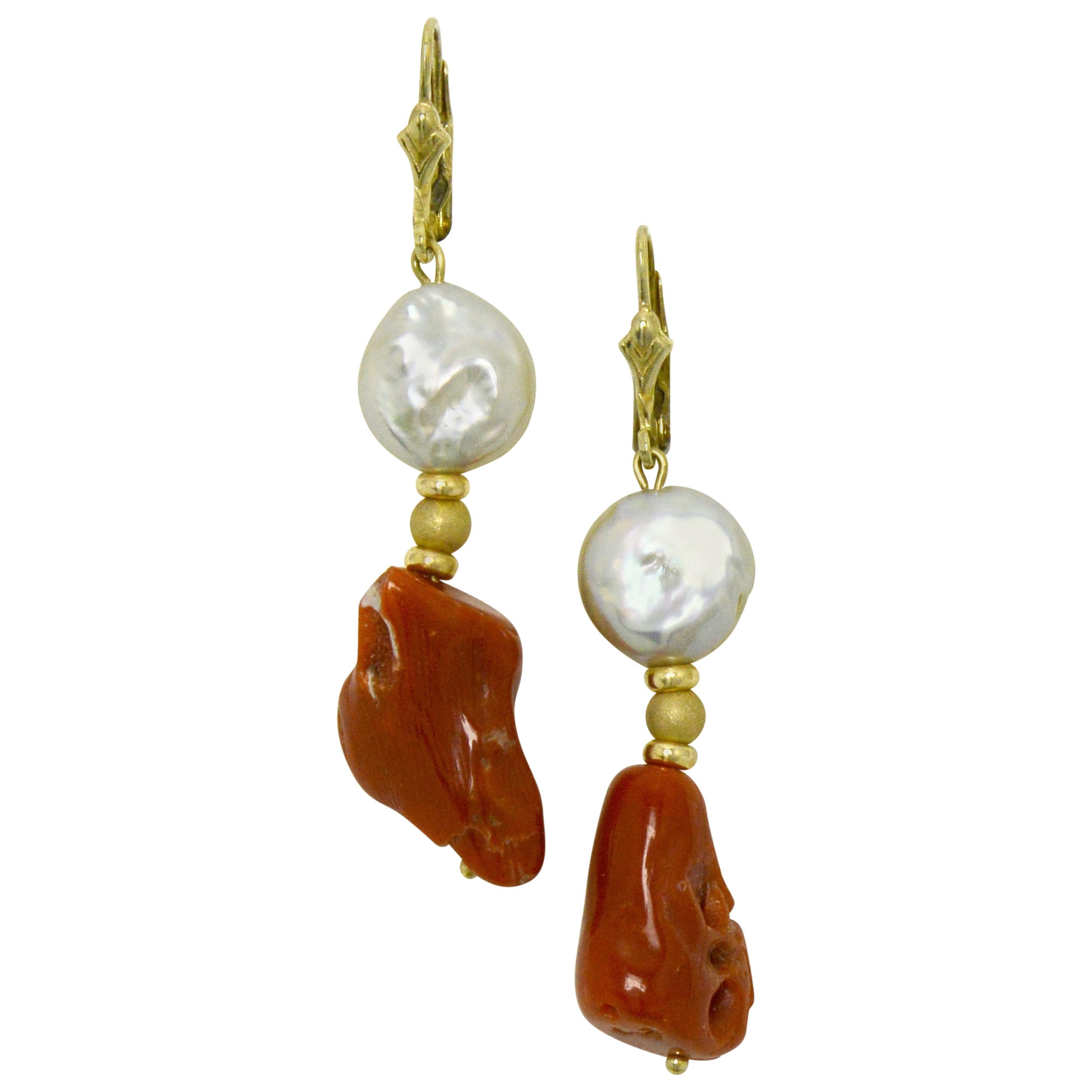 Raw Red Coral and Pearl Dangle Earrings Drop Style Lever Back 14 Karat Gold