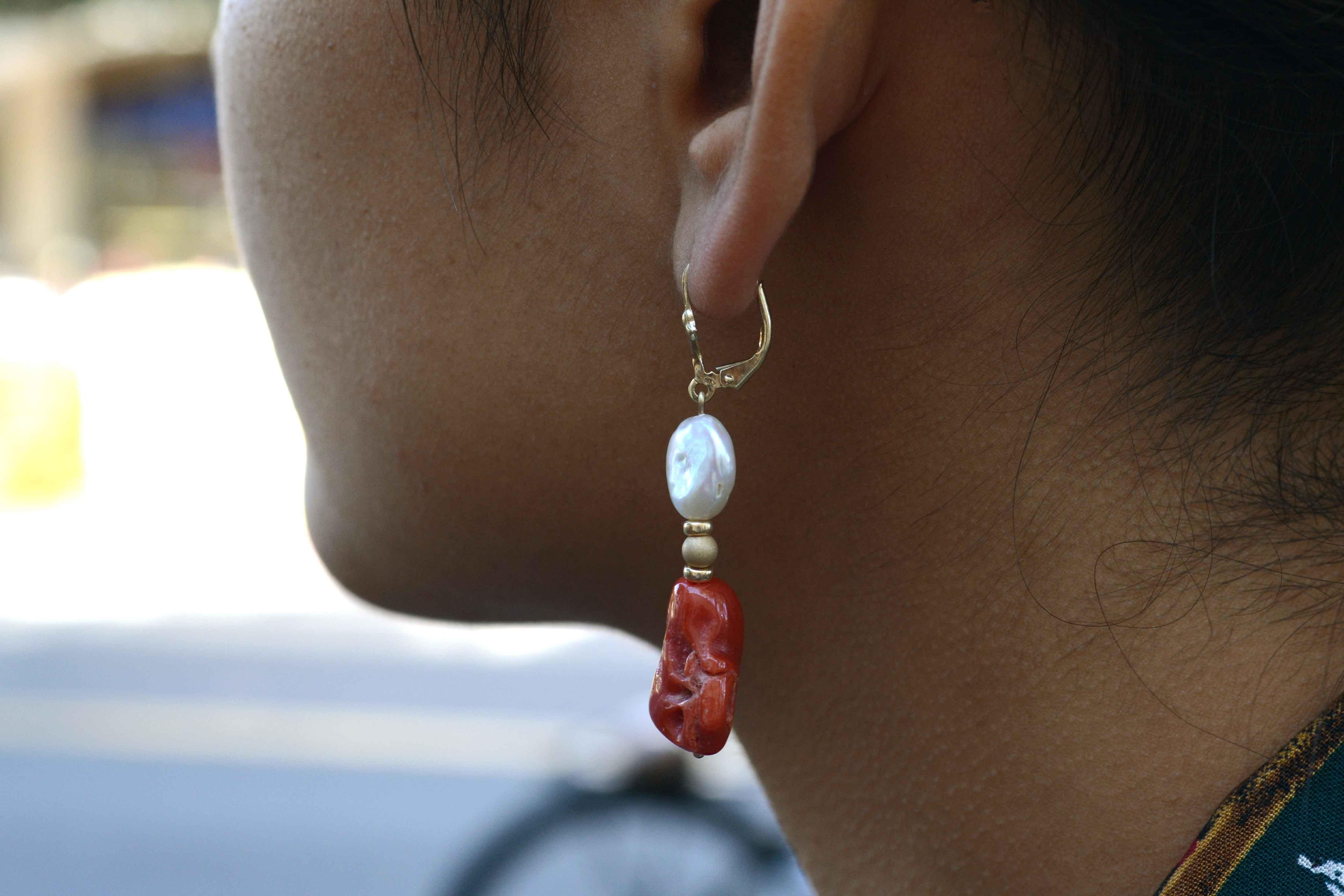 Modern Raw Red Coral and Pearl Dangle Earrings Drop Style Lever Back 14 Karat Gold