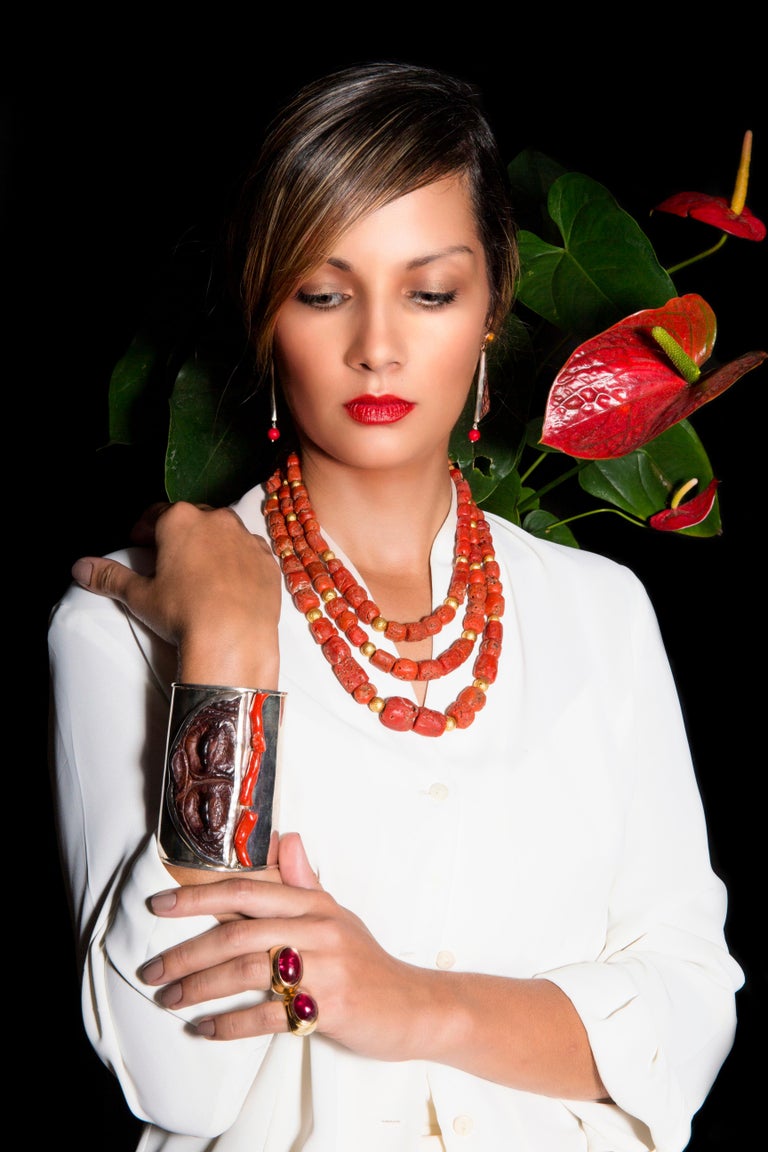 Raw Red Coral Triple-Strand Necklace with Gold-Plated ...