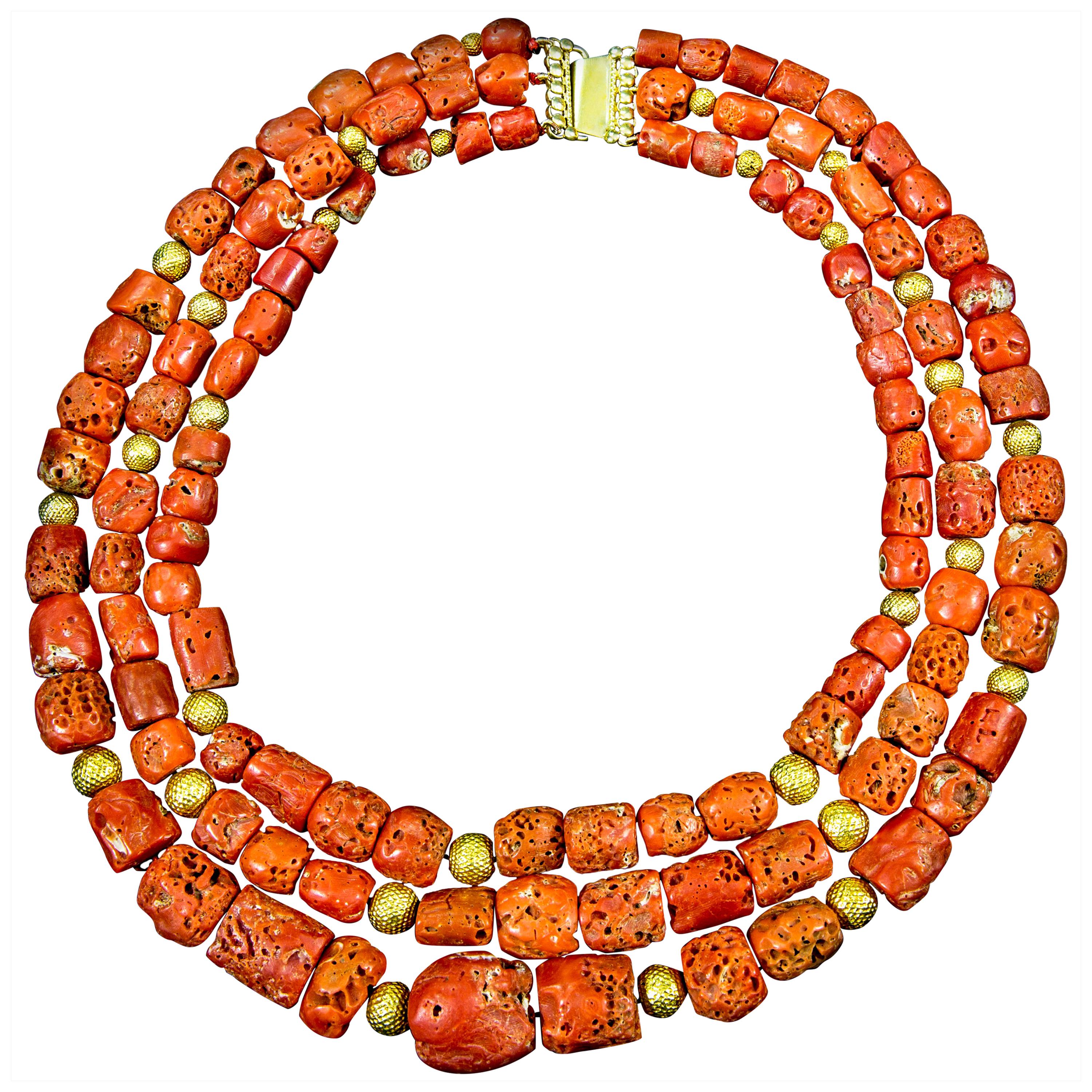 Raw Red Coral Triple-Strand Necklace with Gold-Plated Clasp