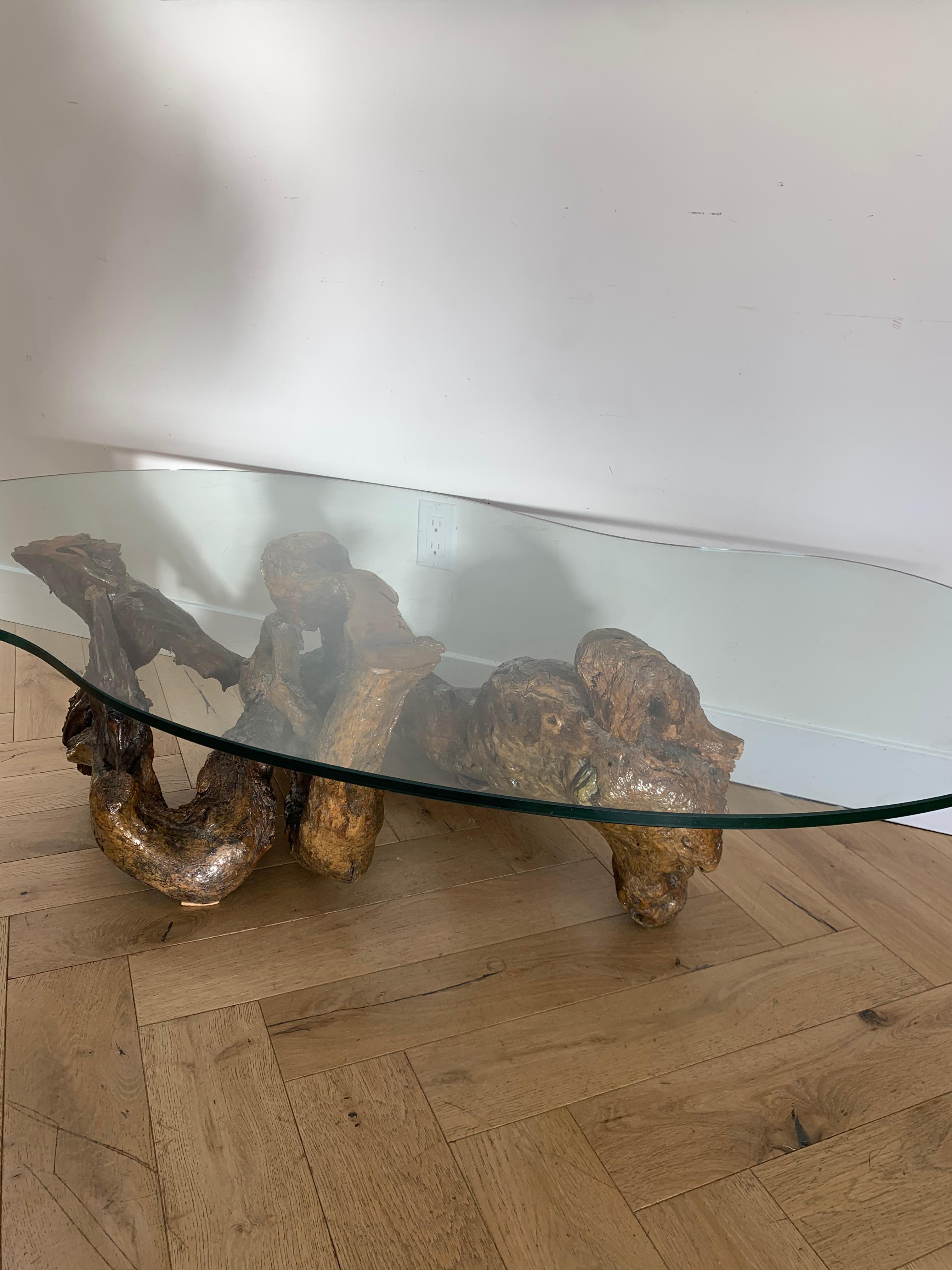 Raw Root Wood Coffee Table with Biomorphic Glass Top, 1970s 4