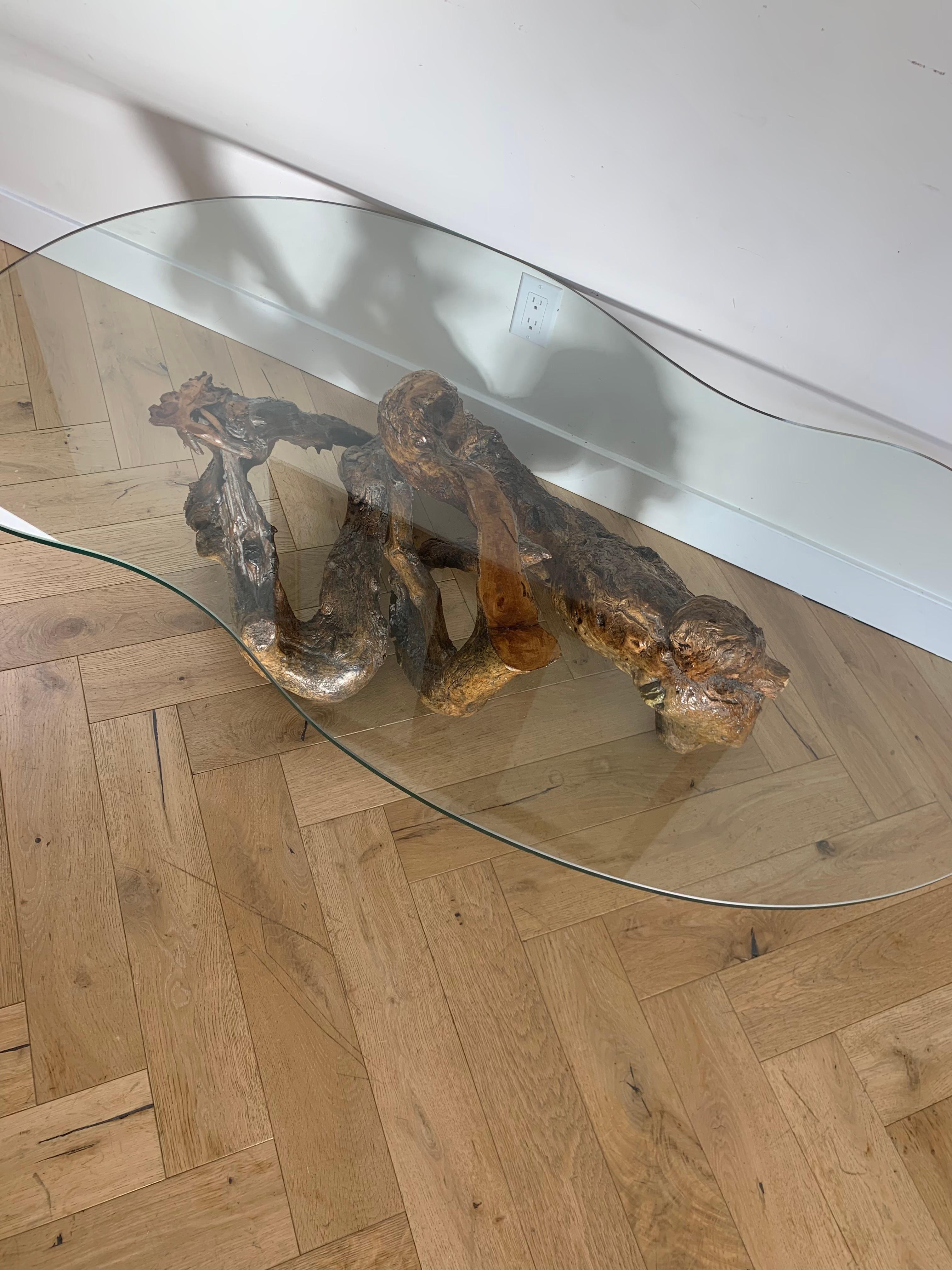 Raw Root Wood Coffee Table with Biomorphic Glass Top, 1970s 7