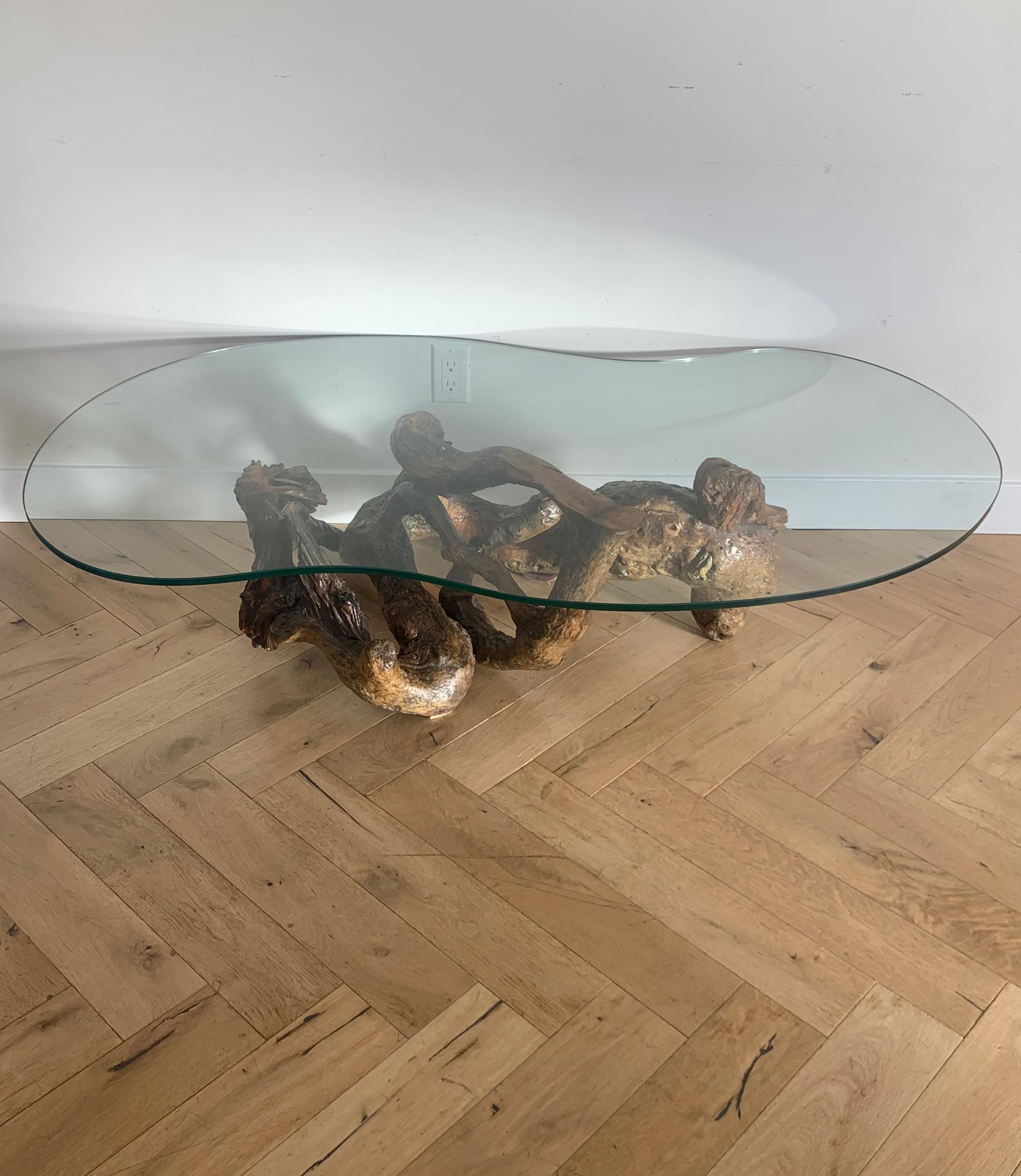 Raw Root Wood Coffee Table with Biomorphic Glass Top, 1970s 8
