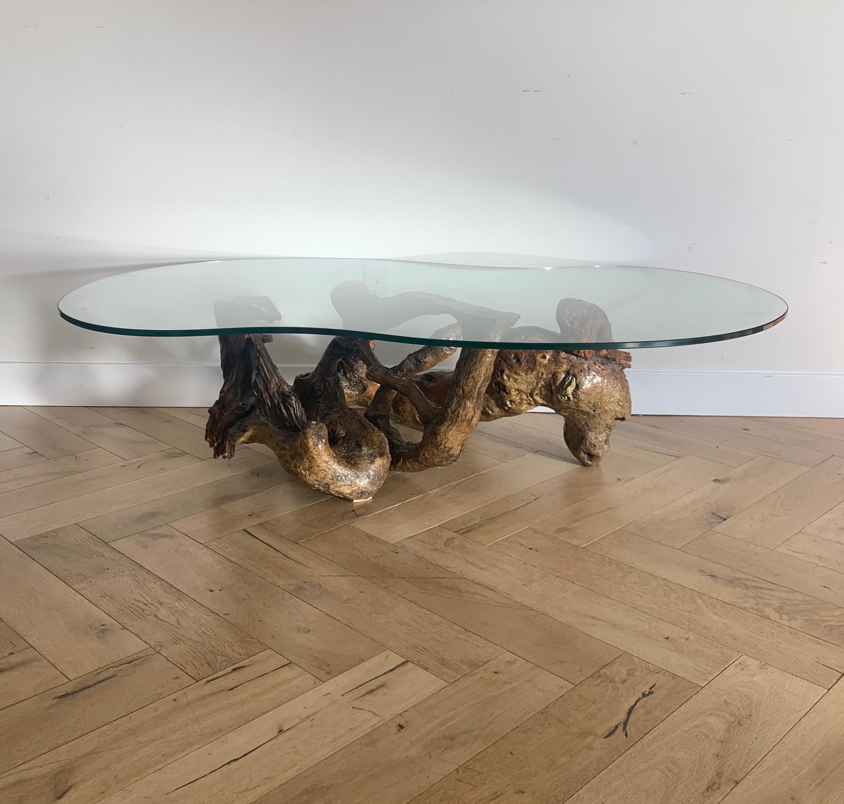 Raw Root Wood Coffee Table with Biomorphic Glass Top, 1970s 9