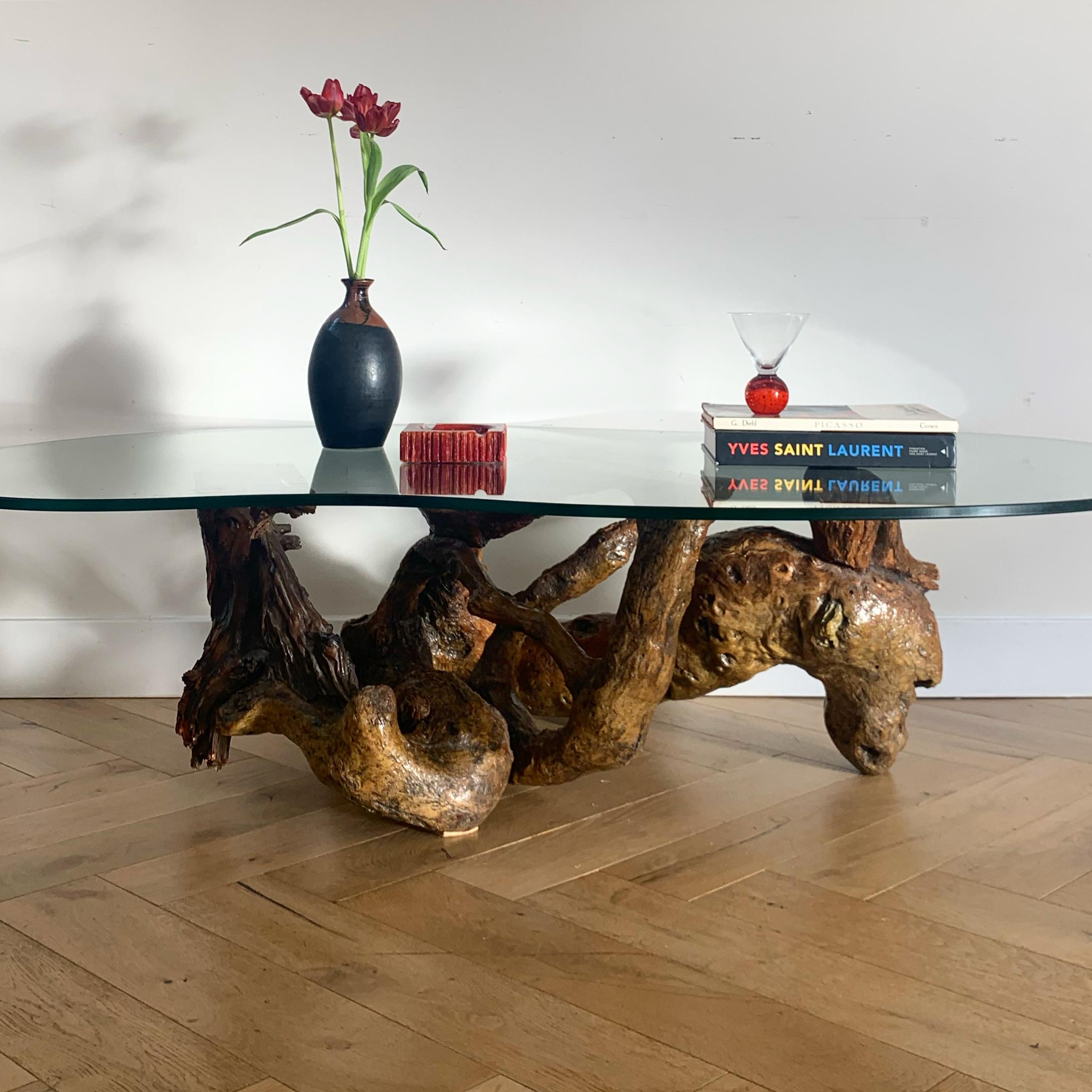 Raw Root Wood Coffee Table with Biomorphic Glass Top, 1970s 10