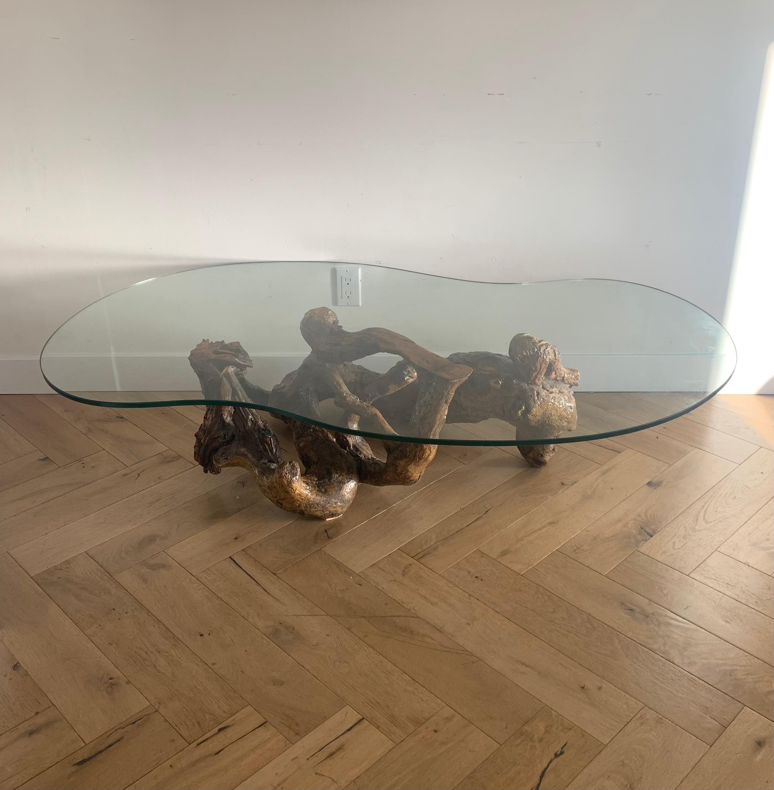 Raw Root Wood Coffee Table with Biomorphic Glass Top, 1970s 12