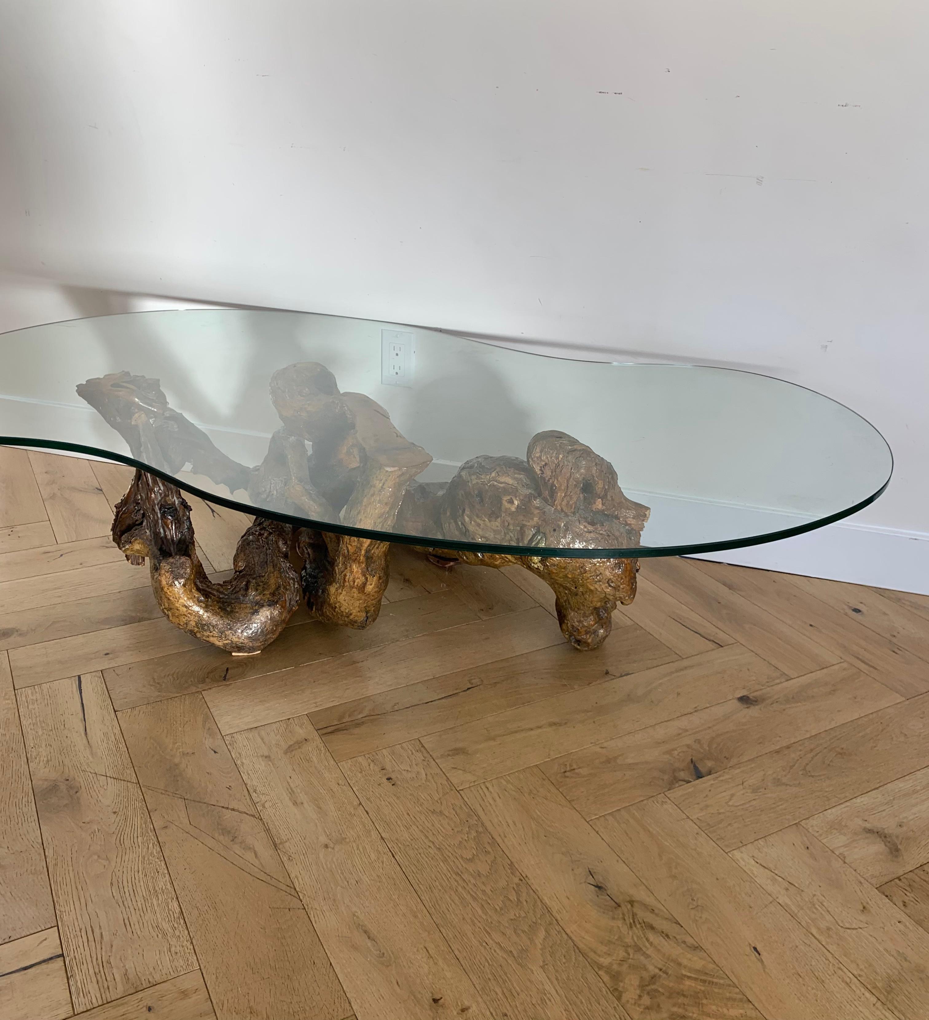 Raw Root Wood Coffee Table with Biomorphic Glass Top, 1970s 13