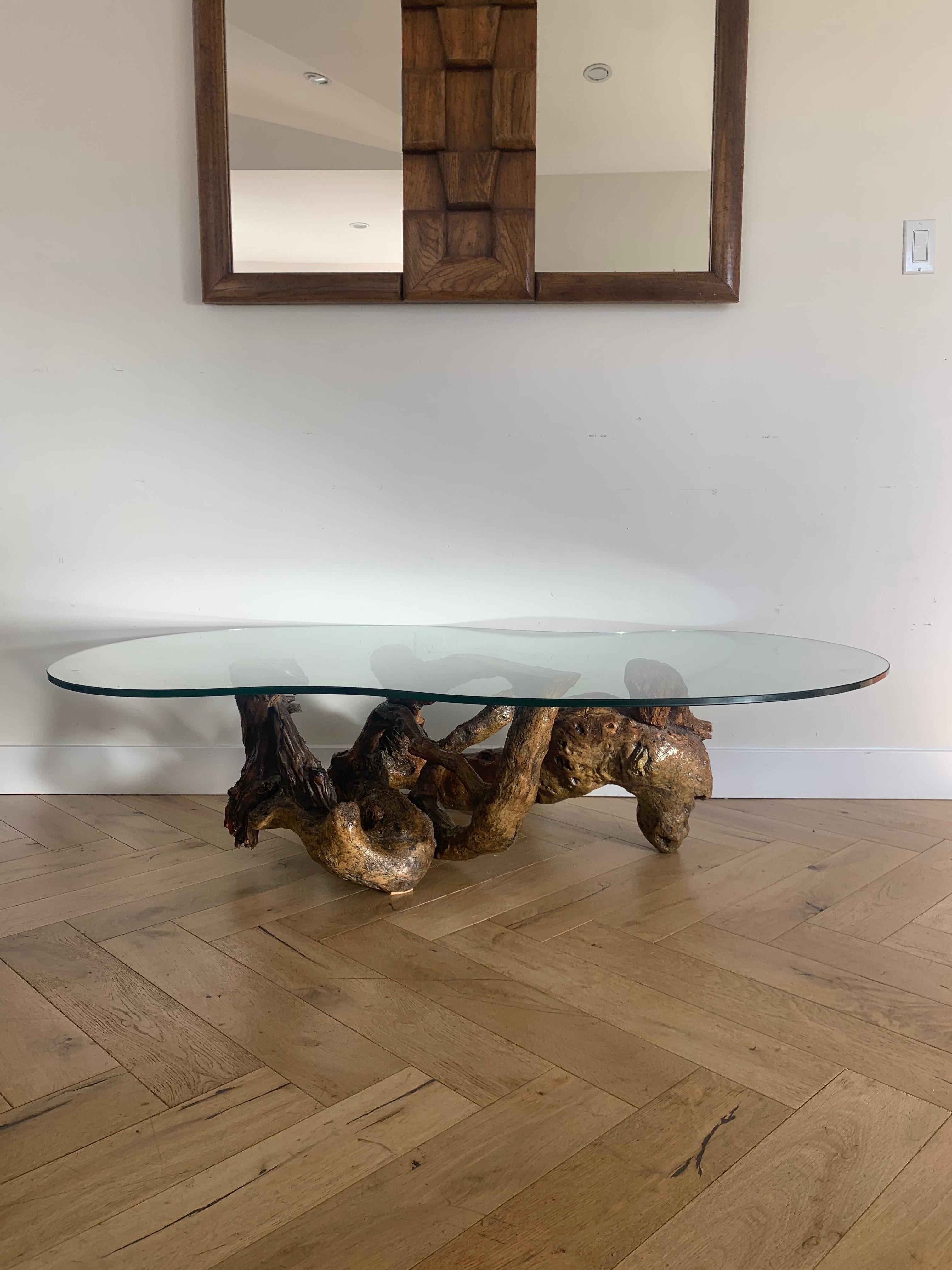 Mid century modern / organic modern raw root wood coffee table with biomorphic glass top, late 1960s or early 1970s. Very unique root wood for the base. There are a couple minor scratches on the glass but overall impeccable condition. Pick up in LA