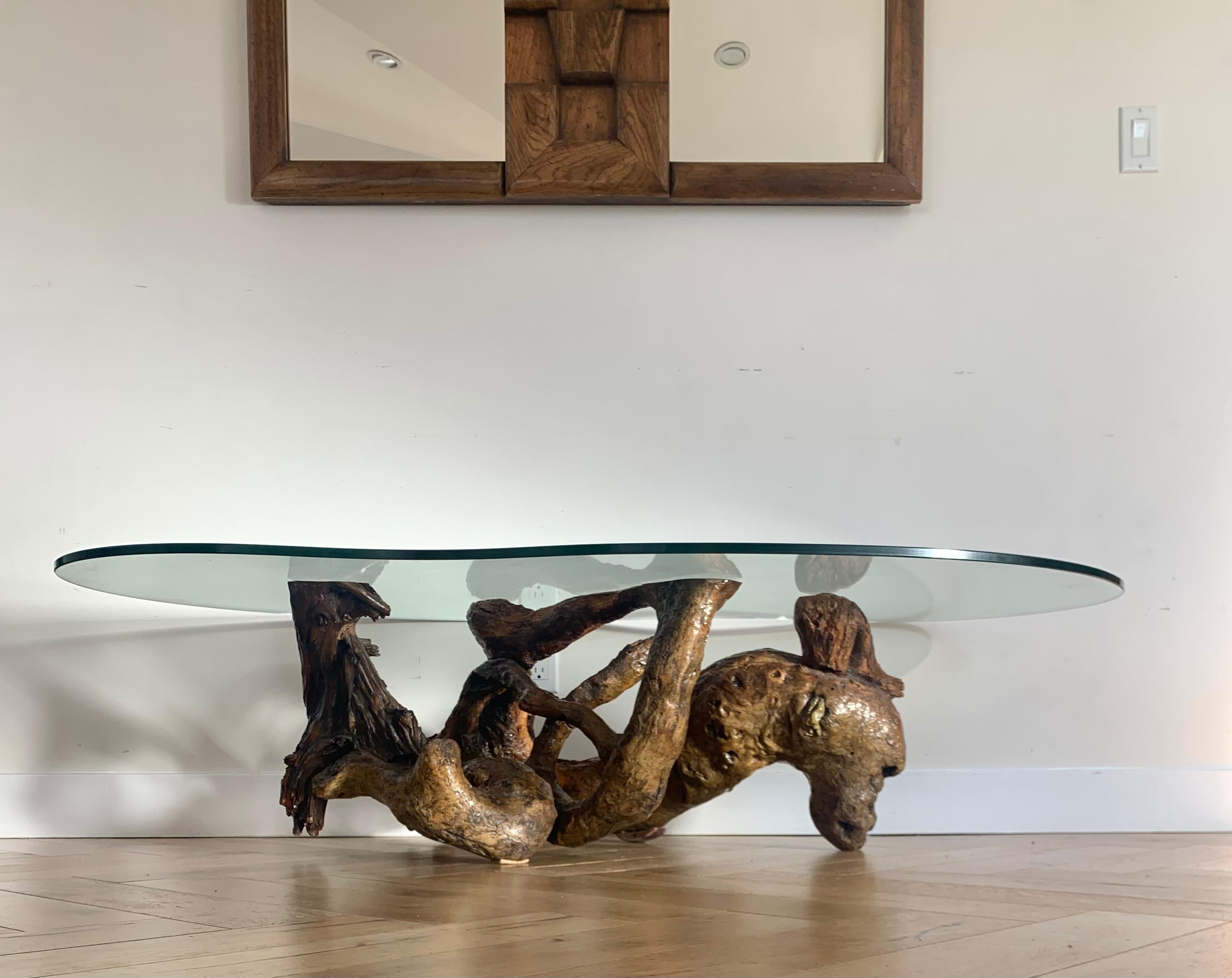 Late 20th Century Raw Root Wood Coffee Table with Biomorphic Glass Top, 1970s
