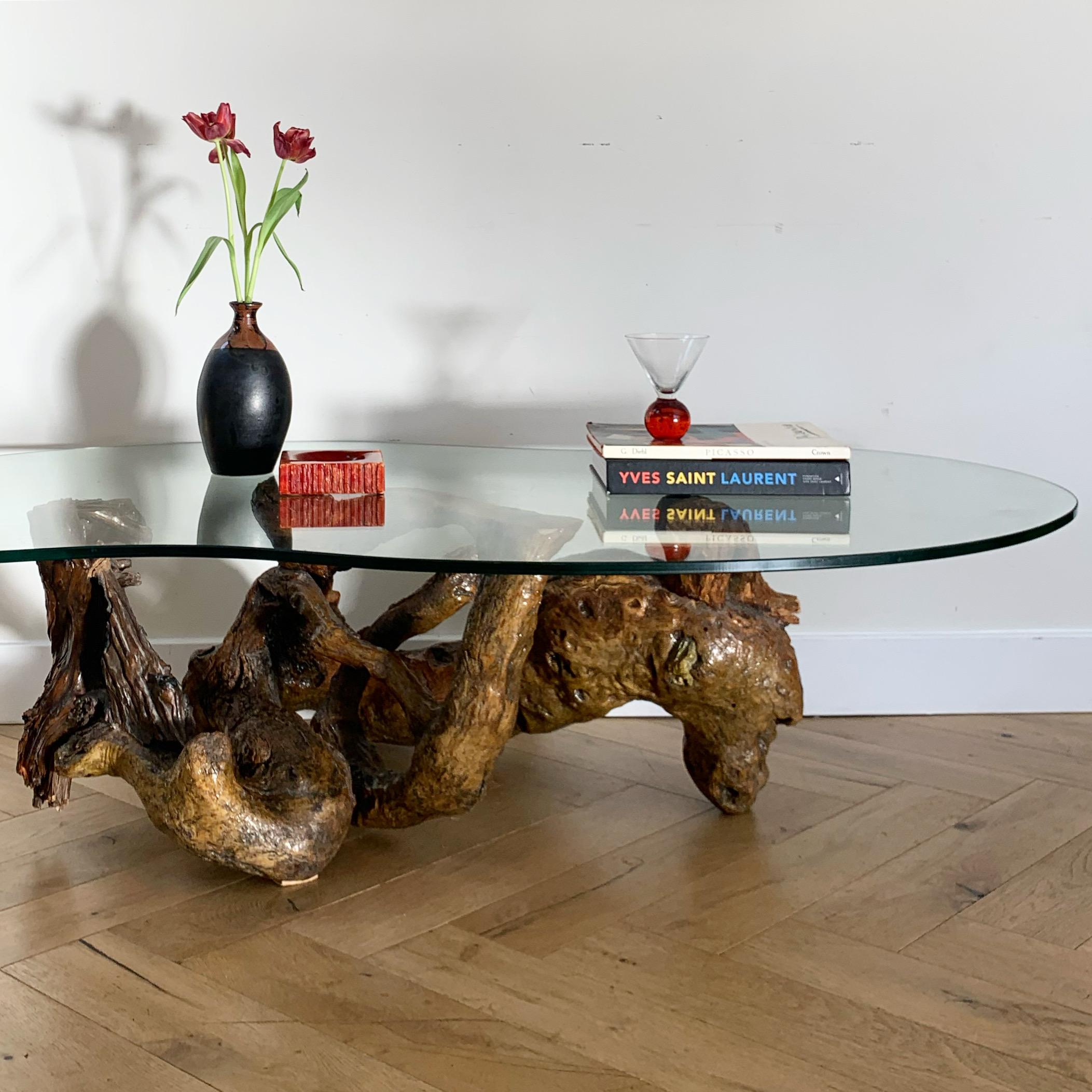 Raw Root Wood Coffee Table with Biomorphic Glass Top, 1970s 3