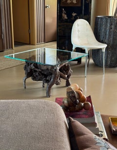 Raw root wood coffee table with glass top, circa 1970