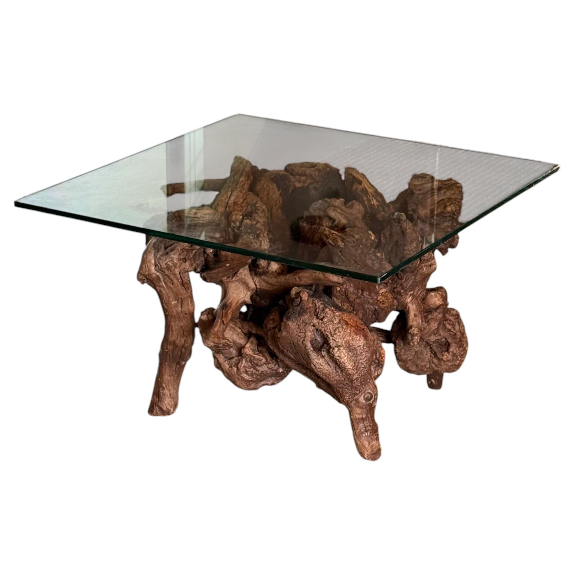 Mesa de centro de madera de raíz sin tratar con tablero de cristal, de alrededor de 1970