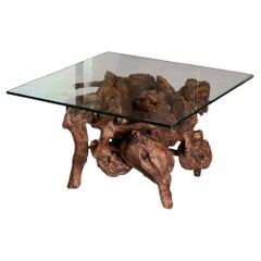 Raw root wood coffee table with glass top, circa 1970