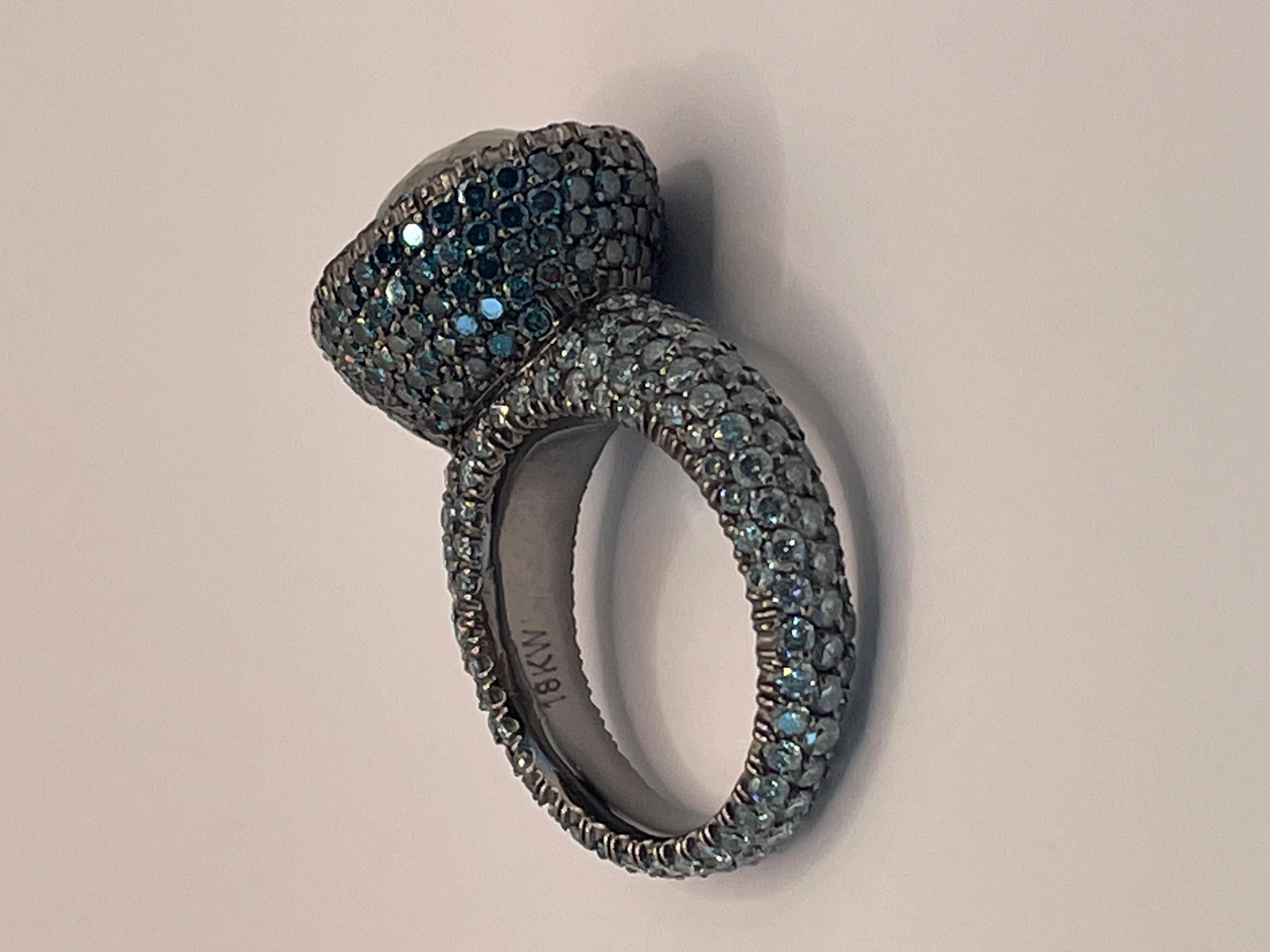 Raw Salt and Pepper grey  diamond ( 4.5ct )and blue diamonds pave (  5.7ct) cocktail ring set in 18k white gold ,covered in black rhodium.One of a kind ,size 6.75 can not be sized .Unique ,standing out piece of jewelry !