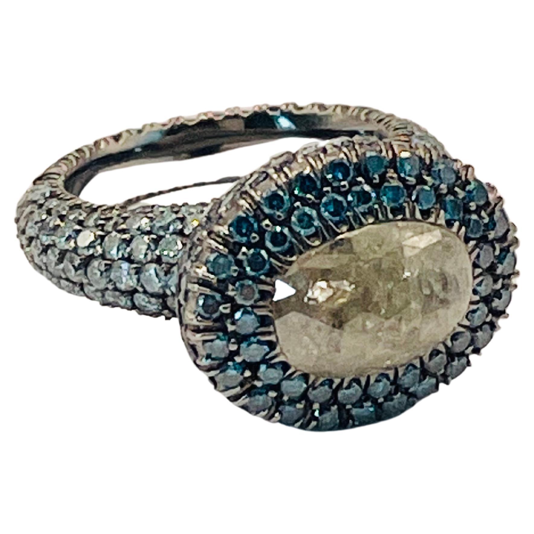 Raw Salt and Pepper Diamond and Blue Diamonds  Cocktail Ring by Julia Shlovsky For Sale