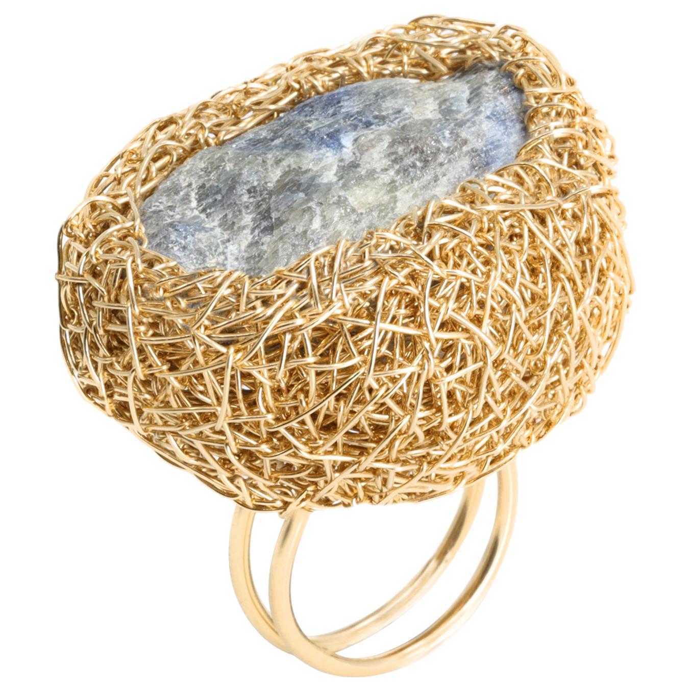 Light Lilac Raw Fluorite in 14 Kt Yellow Gold Woven Statement Ring by