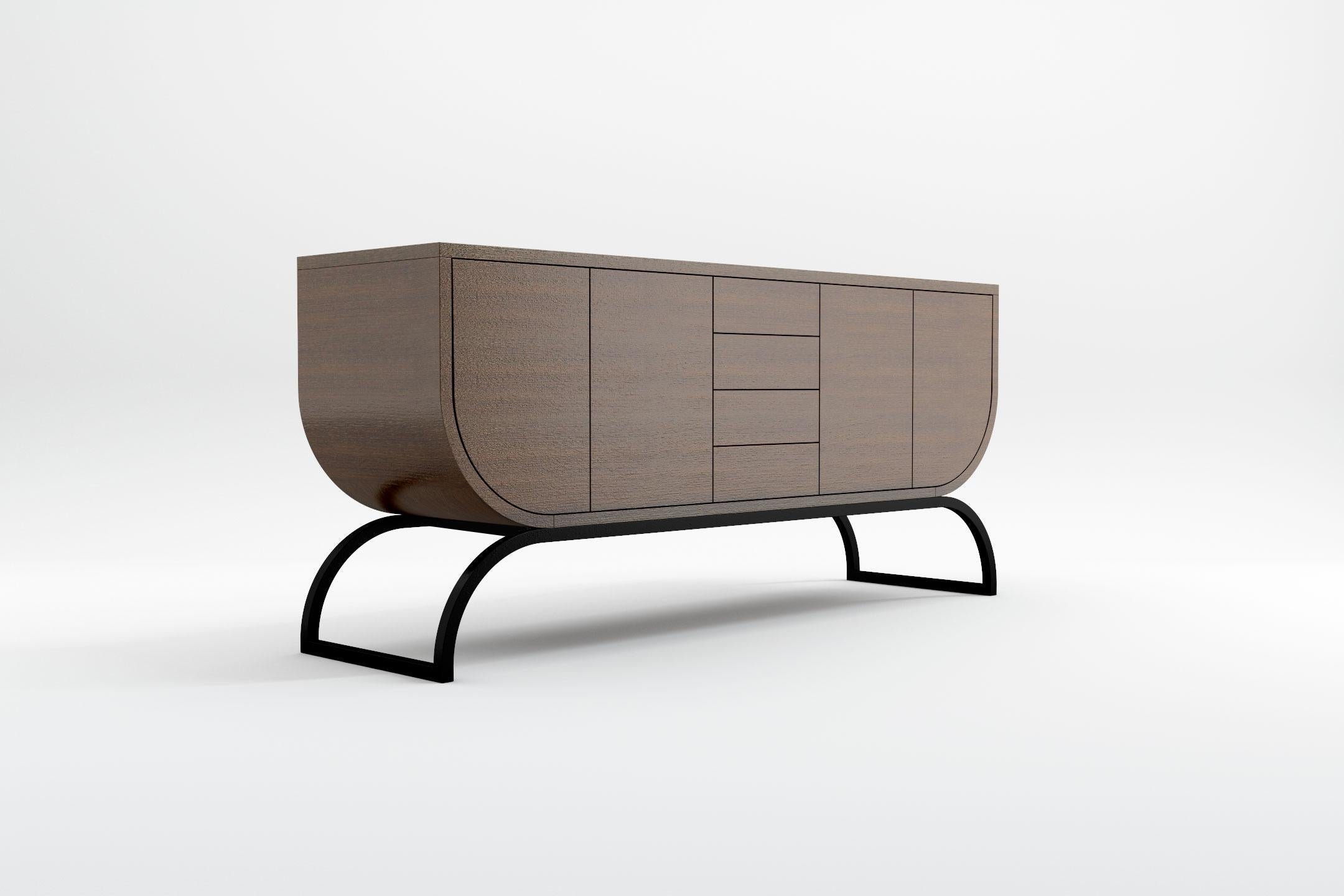 Intertwining wood and wrought iron, the sculptural lines of the Raw collection combine exquisite natural materials with modern Scandinavian shapes to create a breathtaking and unique design. The sideboard comprises five individual doors with