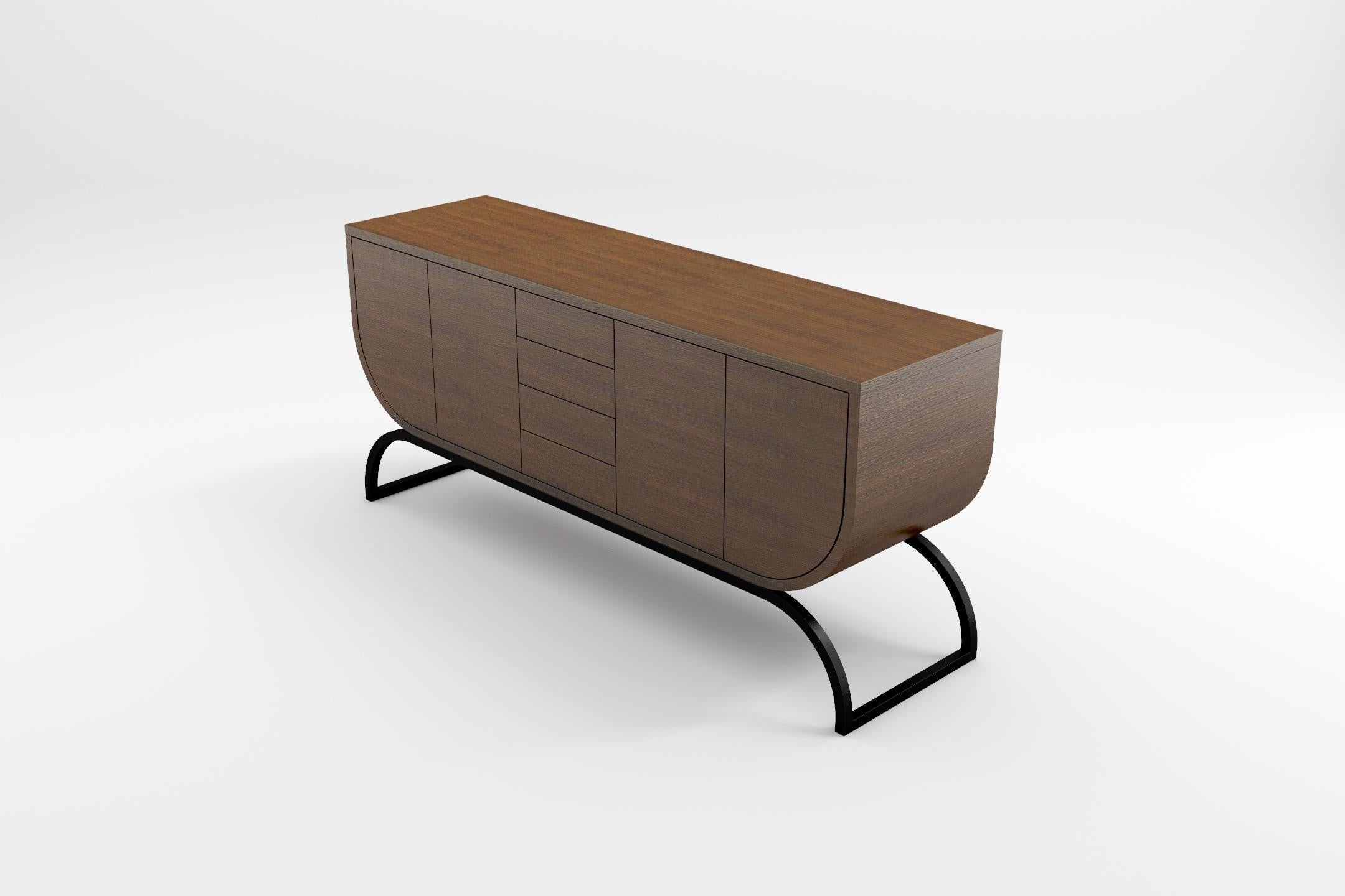 Varnished Raw Sideboard - Modern Sideboard in Natural Wenge with Wrought Iron Base For Sale