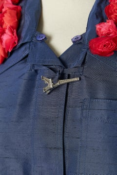 Raw silk blue jacket with roses collar and Eiffel Tower button JC de Castelbajac