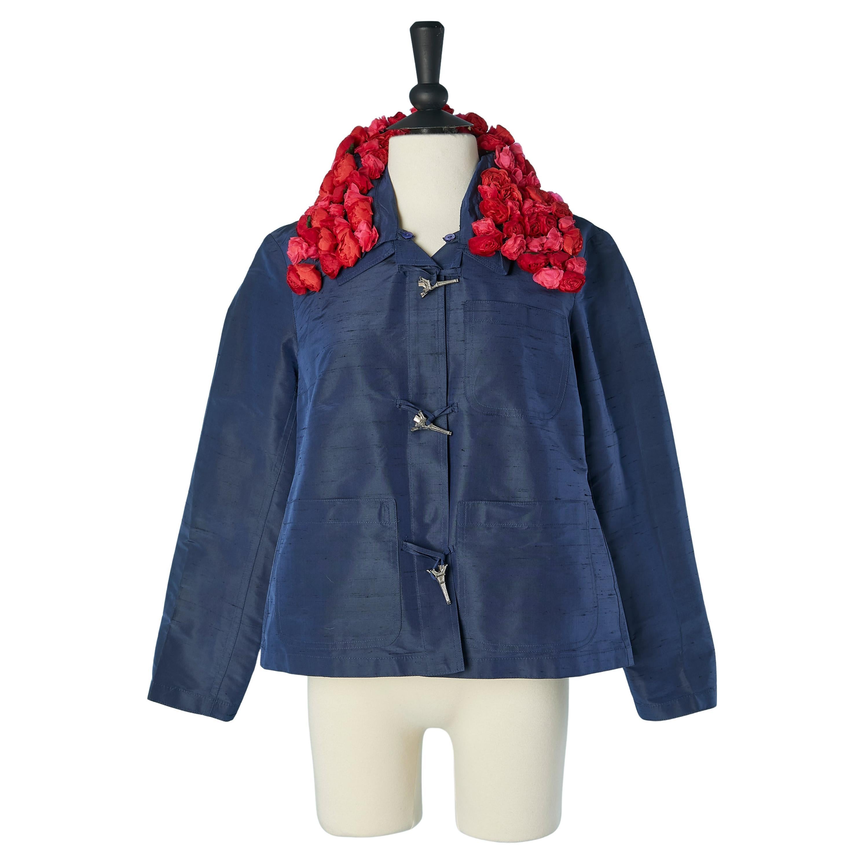 Raw silk blue jacket with roses collar and Eiffel Tower button JC de Castelbajac