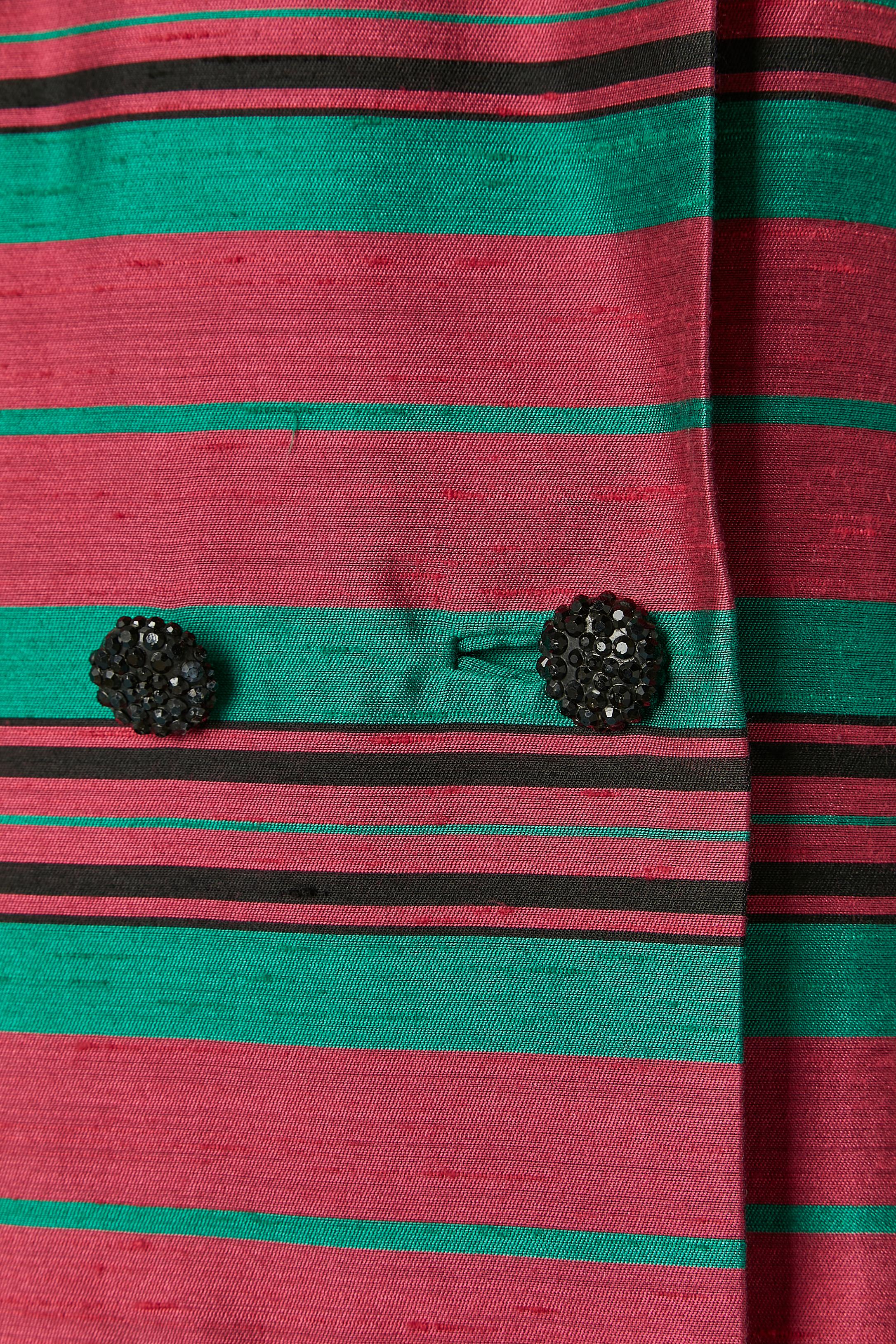 Black Raw silk dress and coat ensemble whit pink and green striped Circa 1960's For Sale