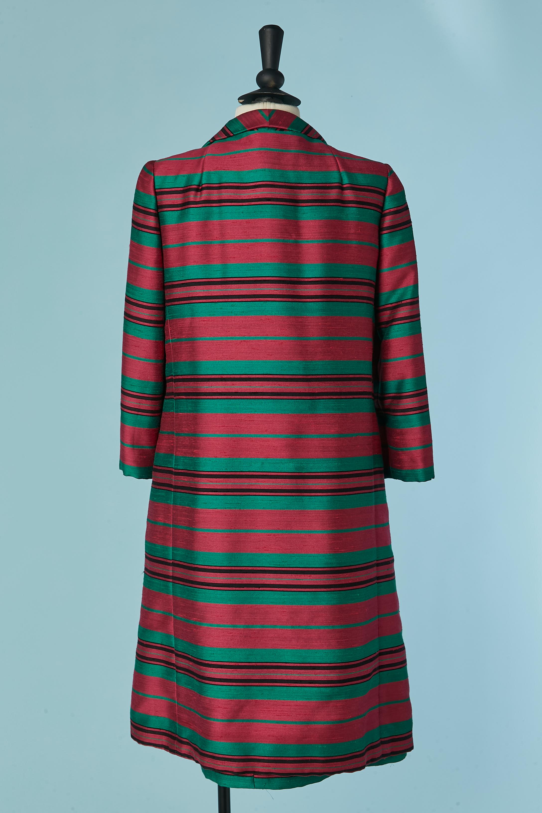 Women's Raw silk dress and coat ensemble whit pink and green striped Circa 1960's For Sale