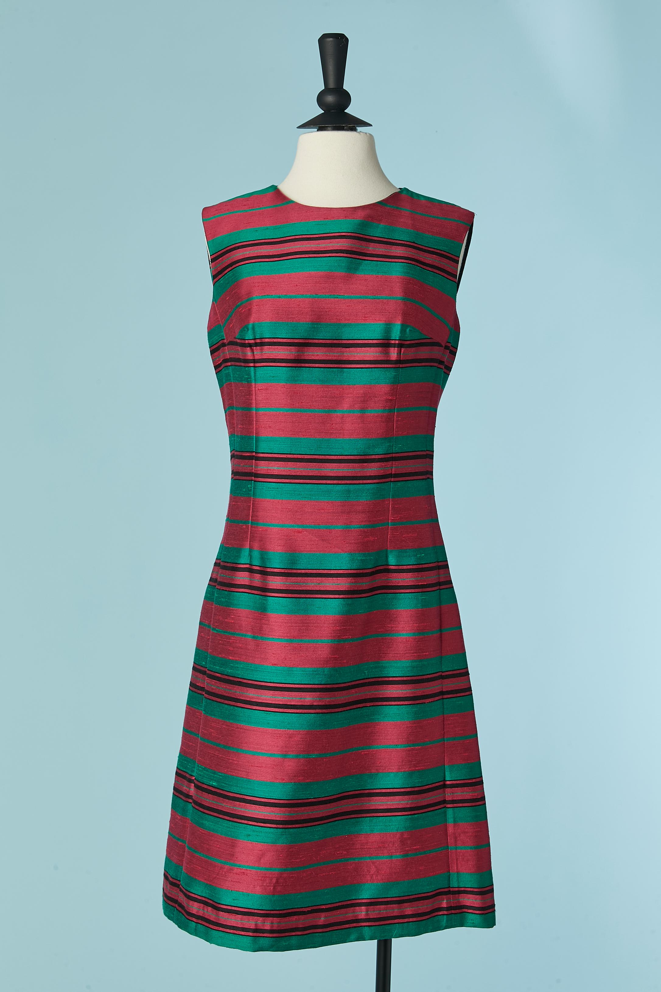 Raw silk dress and coat ensemble whit pink and green striped Circa 1960's For Sale 1